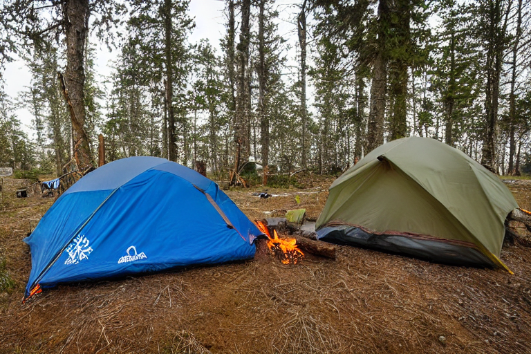 A gray and blue tent rests on a quiet dirt campsite as the sun rises. Snow dusts the small trees, while a campfire, camping lantern, and gear box add a cozy touch.