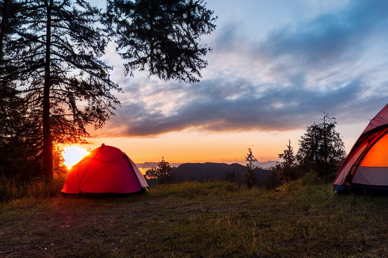 tent at campsite at sunset in the forest