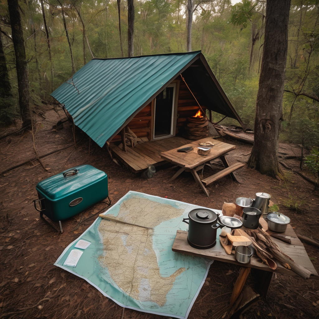 A teal cabin rests in a misty riverside campsite in Biscayne National Park. A canoe waits nearby, while a camping stove, map, and compass sit on a wooden picnic table. Light hail and cool morning air create a quiet, wild mood.