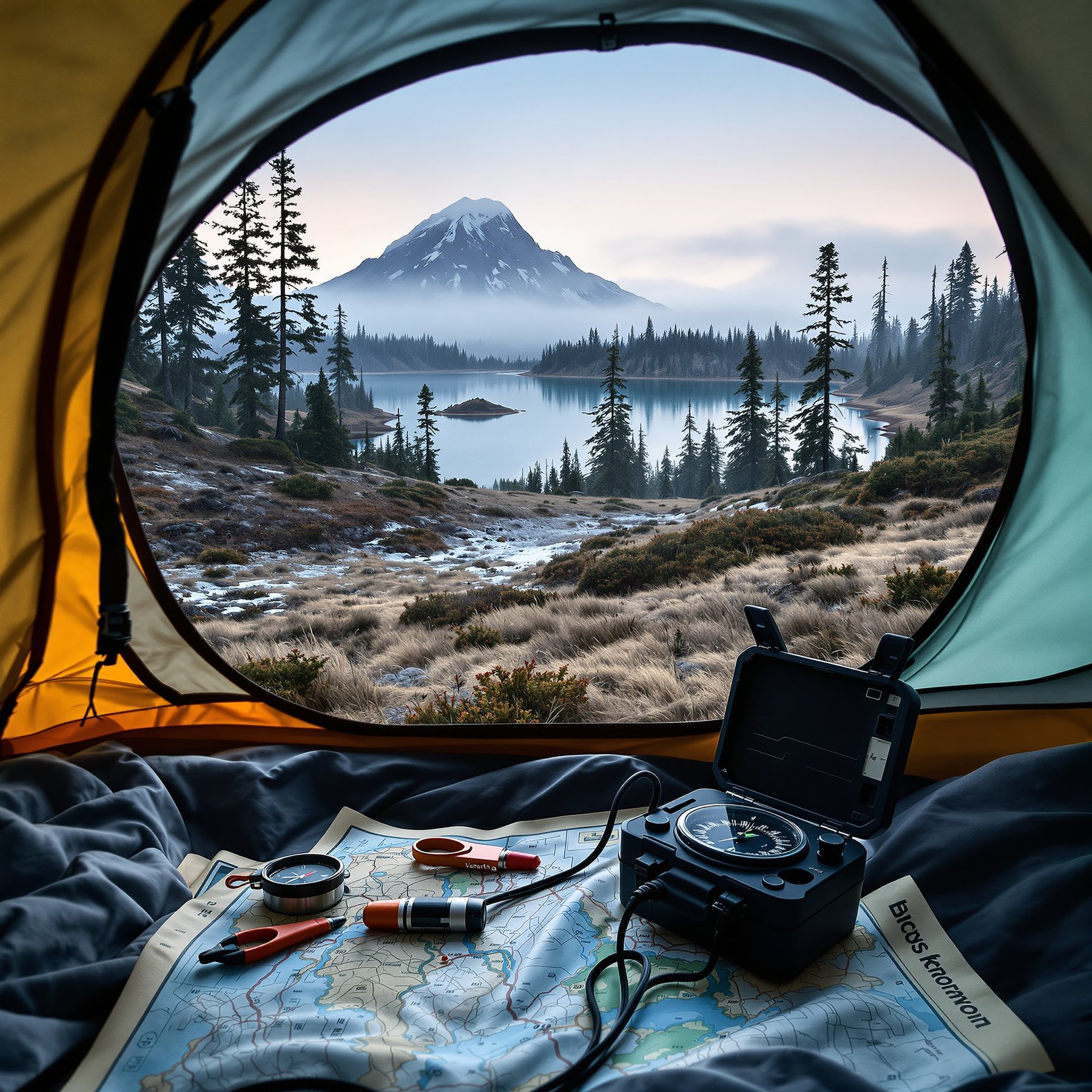 Wake up to a peaceful lake surrounded by tall pine trees and a snowy mountain in the distance. Soft mist floats over the water, making everything feel calm and cozy. Warm up in your tent as you plan your next adventure in this wild and beautiful place.