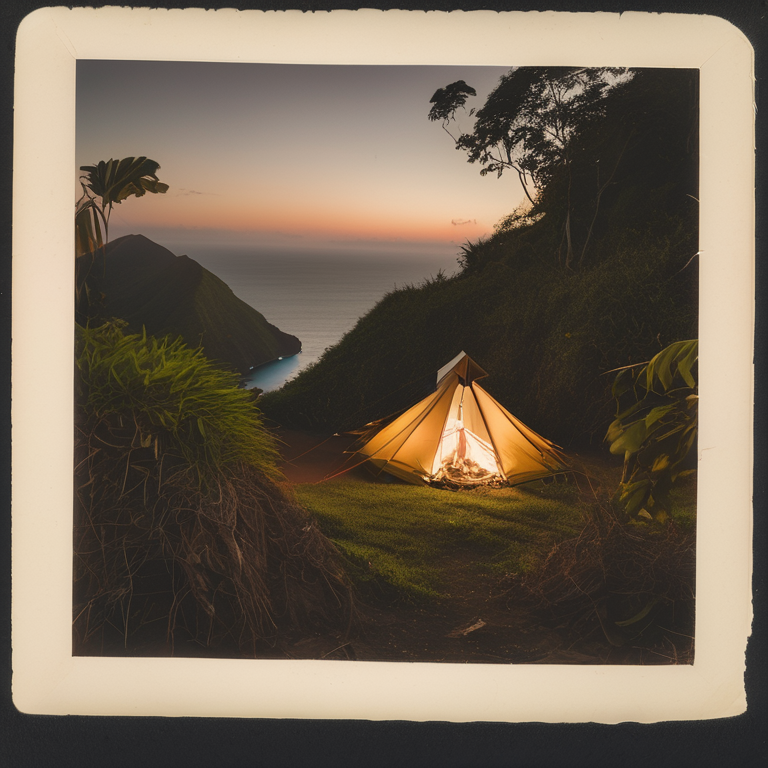 A cozy tent rests beside a glowing campfire in the grassy hills of Soufrière, St. Lucia. A clear stream winds through the dirt campsite, while surfers enjoy the peaceful evening under a clear sky.