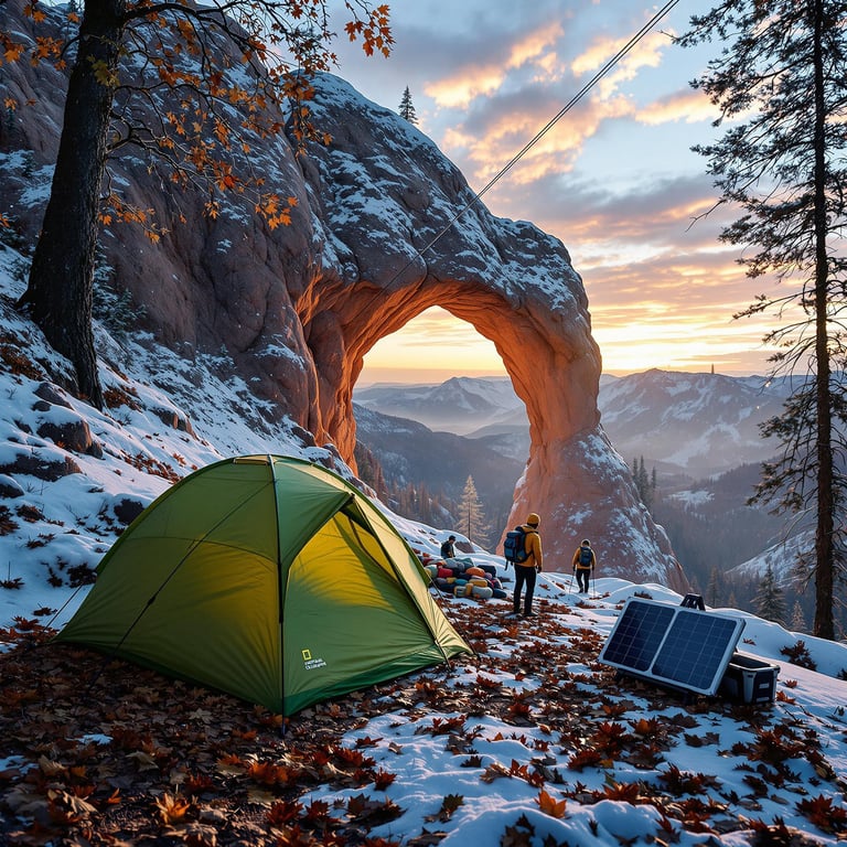 A green tent rests beneath a natural stone arch, surrounded by fallen leaves and fresh snow. Hikers explore nearby while a solar panel, battery pack, and camping gear sit beside the tent in the soft magic-hour light.