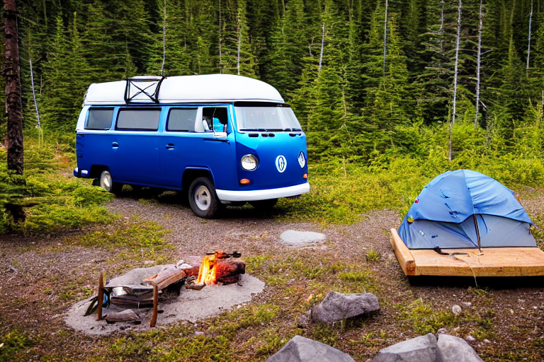 Two blue campervans rest in a snowy Alaska campsite beneath glowing northern lights. Tall trees, a quiet stream, and a stone-ringed campfire create a cozy wilderness retreat, with a guitar and camping gear nearby.