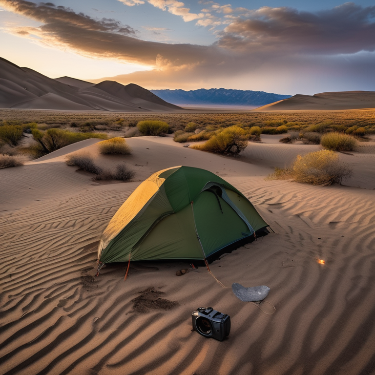 A green camo tent rests on a rocky campsite beneath the misty golden sky. Nearby, a small campfire glows among stones and logs, while boulders and sand dunes stretch into the distance. A person’s flashlight shines softly through the fog.
