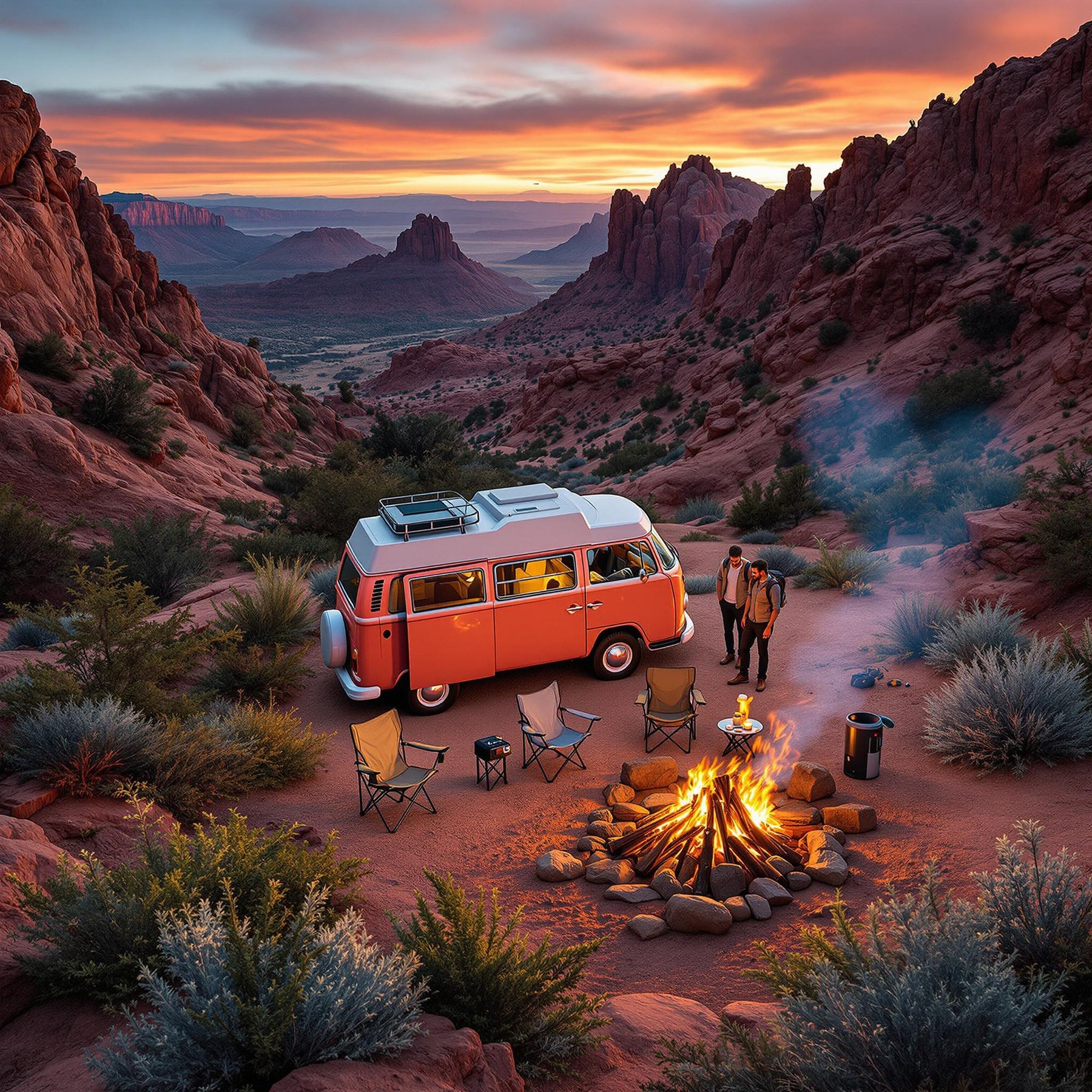 A coral camper van rests among the red rocks as golden sunlight warms the canyon. Nearby, a campfire crackles beside a chair, with marshmallows ready to roast. Ferns and rare wildflowers brighten the ground while hikers explore the windy landscape.