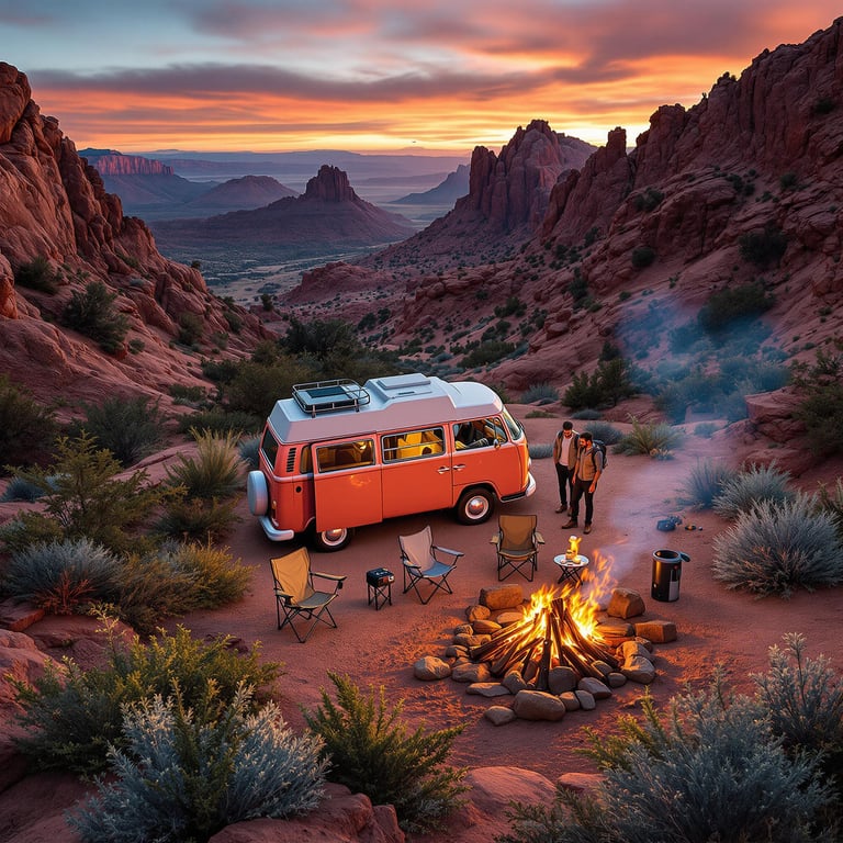A coral camper van rests among the red rocks as golden sunlight warms the canyon. Nearby, a campfire crackles beside a chair, with marshmallows ready to roast. Ferns and rare wildflowers brighten the ground while hikers explore the windy landscape.