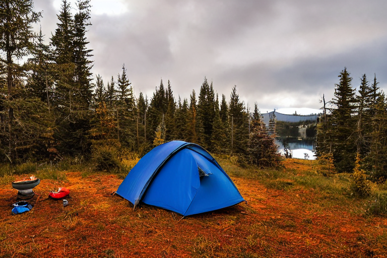 A gray-blue tent sits beside a warm campfire near a quiet lake. Fall trees and berry bushes surround the campsite, while clothes sway on a nearby line. Stormy clouds fill the sky as sunrise paints the landscape with soft light.