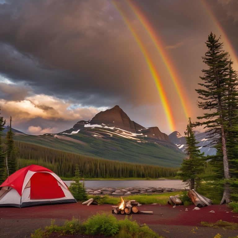 A red and white tent rests among mossy trees and large boulders in Glacier National Park. A warm campfire glows beside the logs as tall mountains rise in the distance. Sunset light breaks through the clouds, with a rainbow brightening the sky.