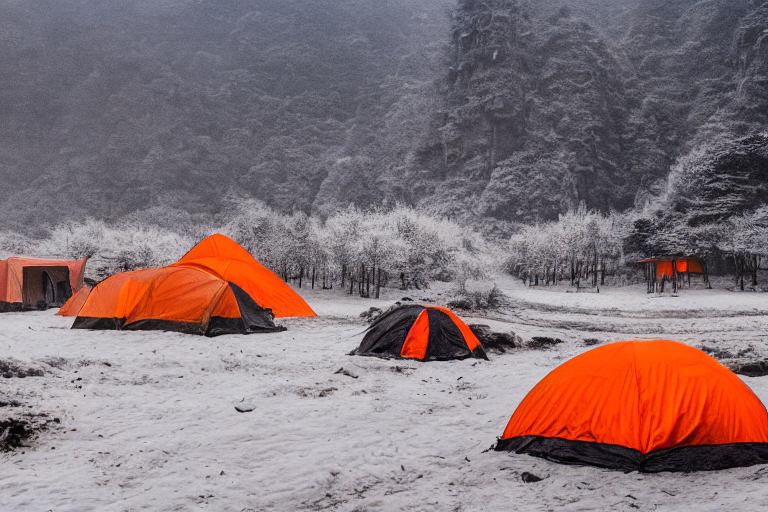 A gray and orange tent rests beside a dirt patch at a quiet campsite in Zhangjiajie. Snow falls softly around the small trees, while the paved ground glows under the night sky.