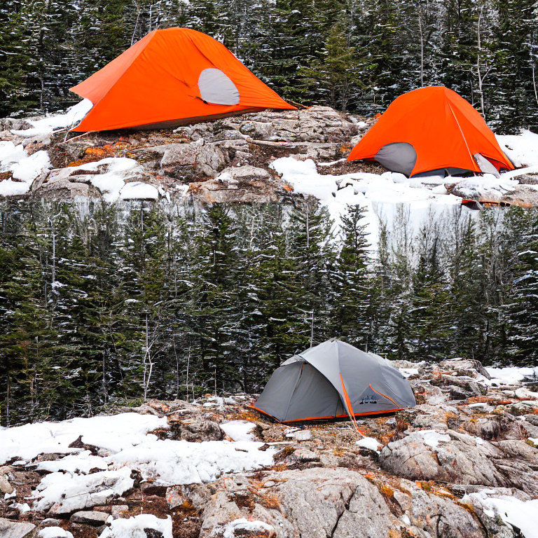 A gray and orange tent glows softly on a snowy campsite in Acadia National Park. Small trees surround the dirt-covered ground, while clothes hang from a nearby line. The quiet night feels cozy and peaceful.