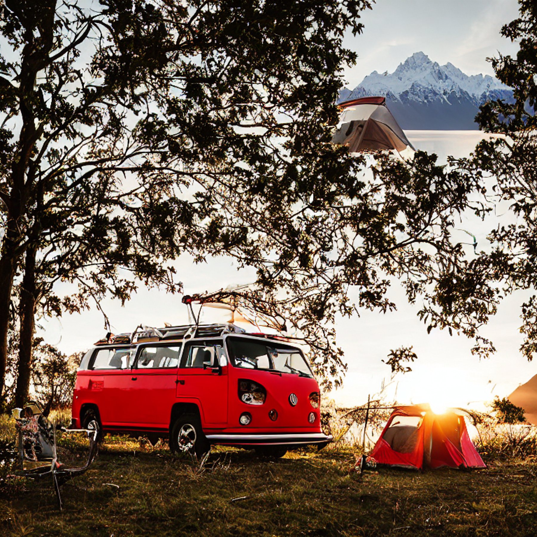 A red and white campervan rests in a quiet campsite as the sun sets. Bushes surround the dirt clearing, where glowing logs sit around a warm campfire.