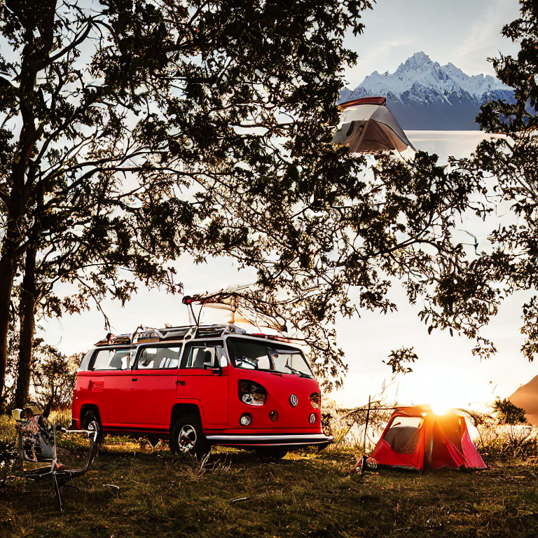 A red and white campervan rests in a quiet campsite as the sun sets. Bushes surround the dirt clearing, where glowing logs sit around a warm campfire.