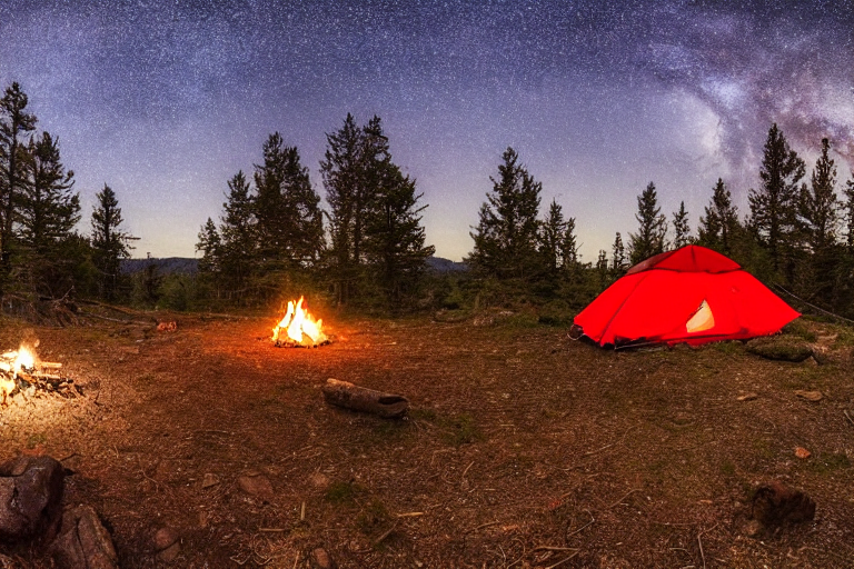 A red and white tent rests beside a quiet river under a sky full of stars. A warm campfire glows on the rocky ground, with a large log nearby. Clothes hang from a line as clouds drift above the peaceful campsite.