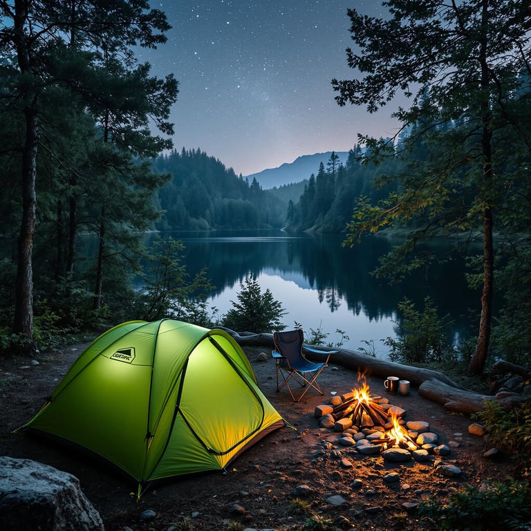 A green tent glows under the starry sky by a peaceful lake, surrounded by tall trees. The crackling campfire lights up the night, inviting cozy times and marshmallow roasting. Nature's beauty makes it the perfect spot for an adventure.
