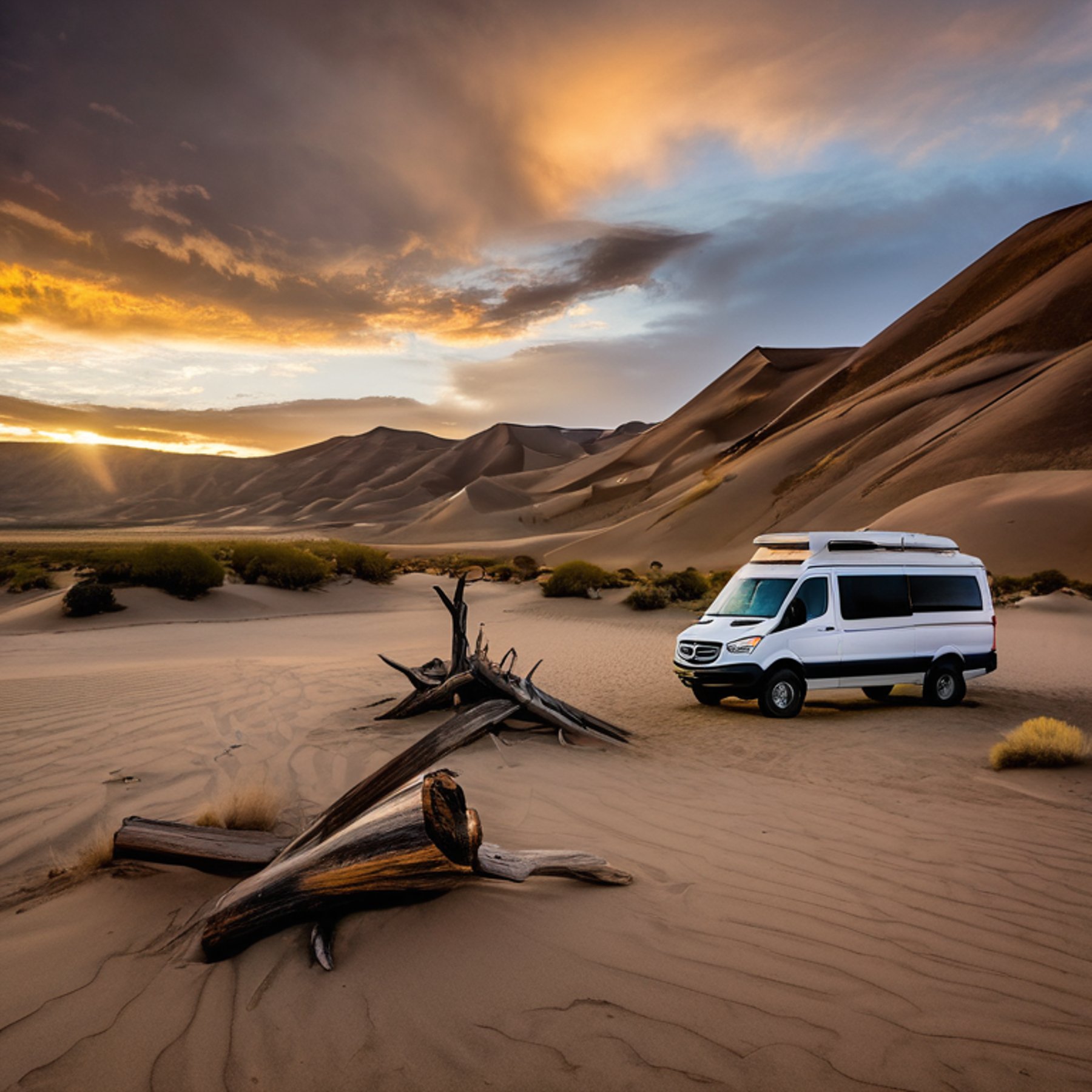 A tan camper van rests on a quiet dirt campsite beneath the warm sunset sky. Boulders, a winding hiking path, and a large log by the campfire add to the wild setting.