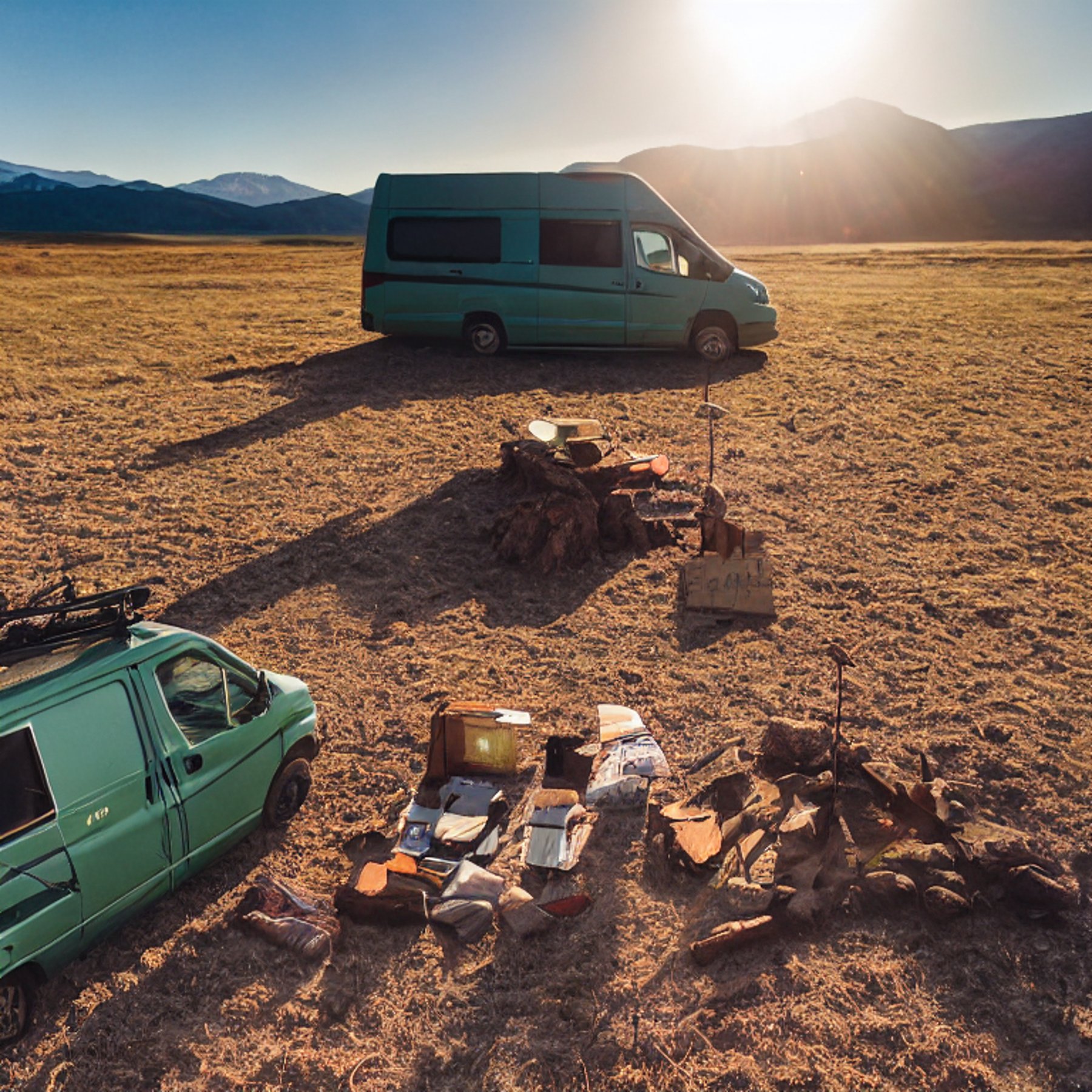 A forest green camper van rests on a quiet dirt campsite beneath a warm sunset sky. A wooden guitar, camping gear, and a small twig sit nearby, adding a cozy touch. The open landscape and sunny light create a peaceful Great Sand Dunes adventure.