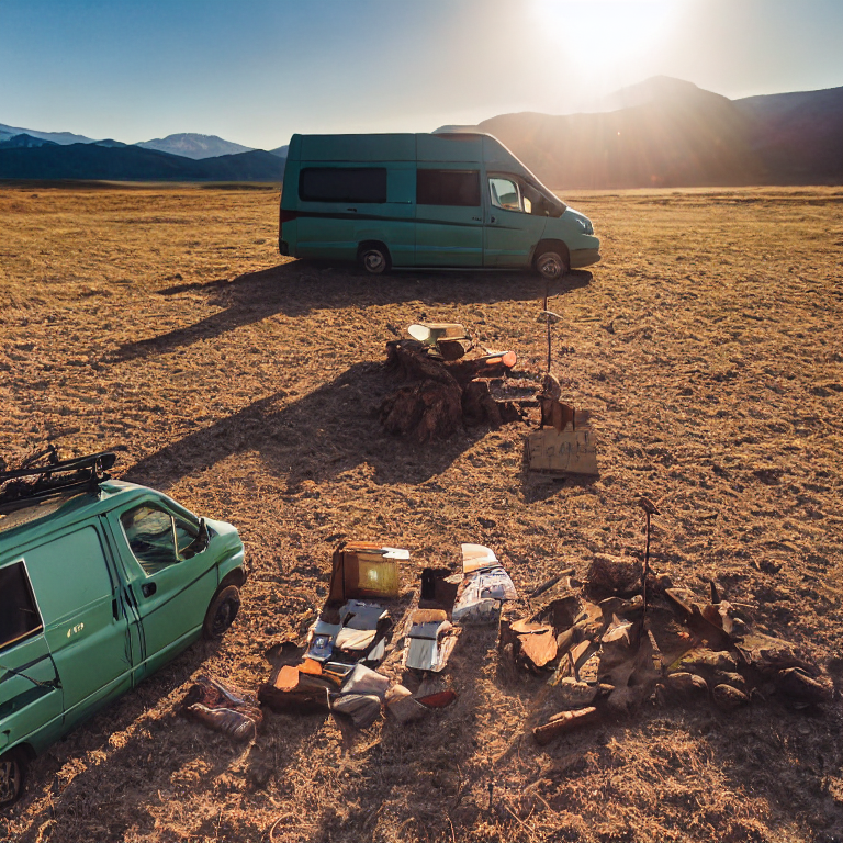 A forest green camper van rests on a quiet dirt campsite beneath a warm sunset sky. A wooden guitar, camping gear, and a small twig sit nearby, adding a cozy touch. The open landscape and sunny light create a peaceful Great Sand Dunes adventure.