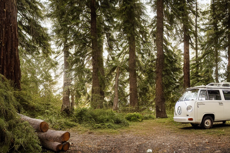 A white campervan rests among mossy trees in snowy Big Sur. A warm campfire glows beside the dirt clearing, with a hammock hanging nearby. Golden light and a distant flashlight create a cozy, peaceful mood.
