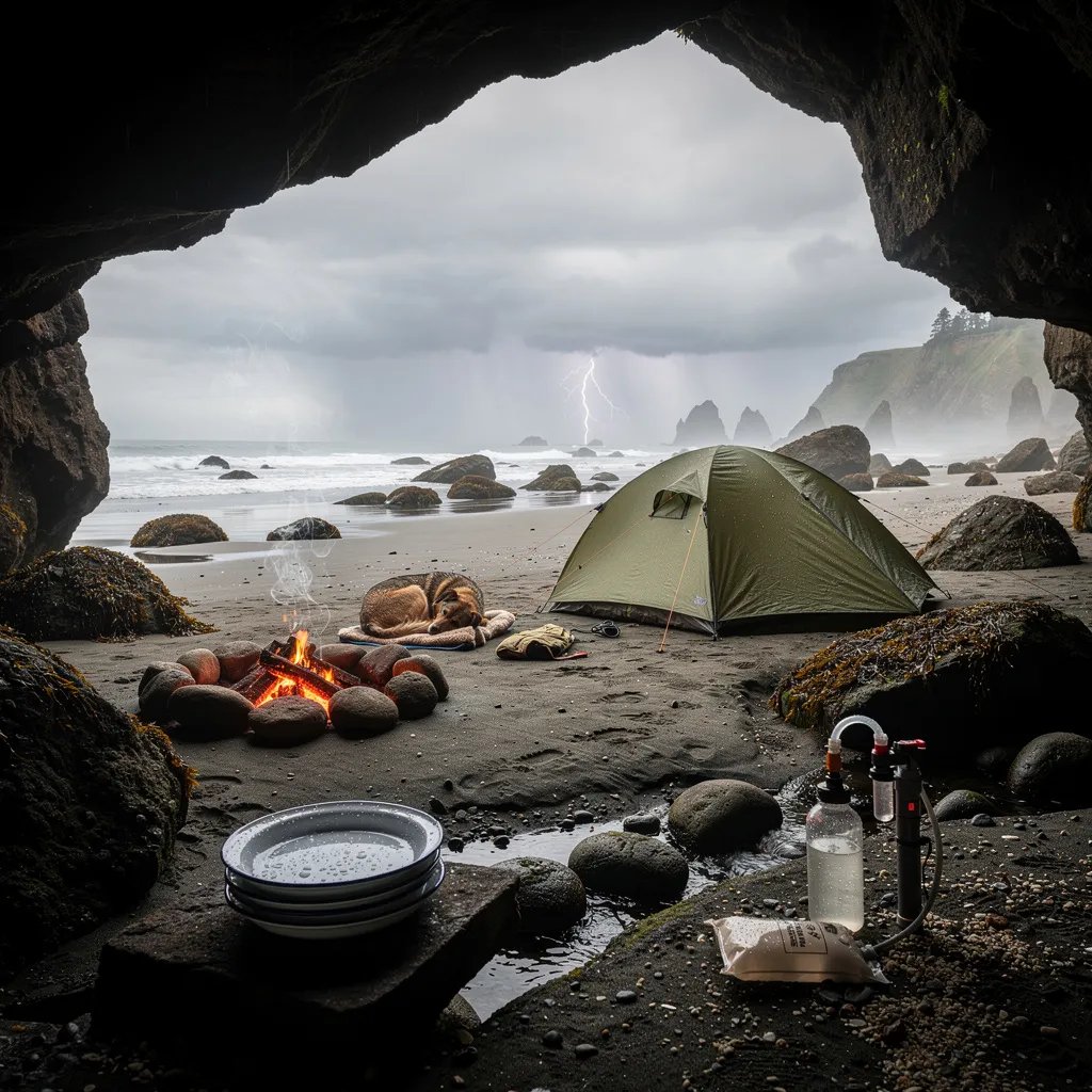 A cozy tent sits on wet sand by dark, tide-washed rocks, seen from the mouth of a little sea cave. The ocean air is misty and gray, and the surf sounds close. A small fire glows while a dog sleeps beside it, and clean camp dishes rest on a flat rock. Far out at sea, rain clouds drift by with tiny flashes of lightning.