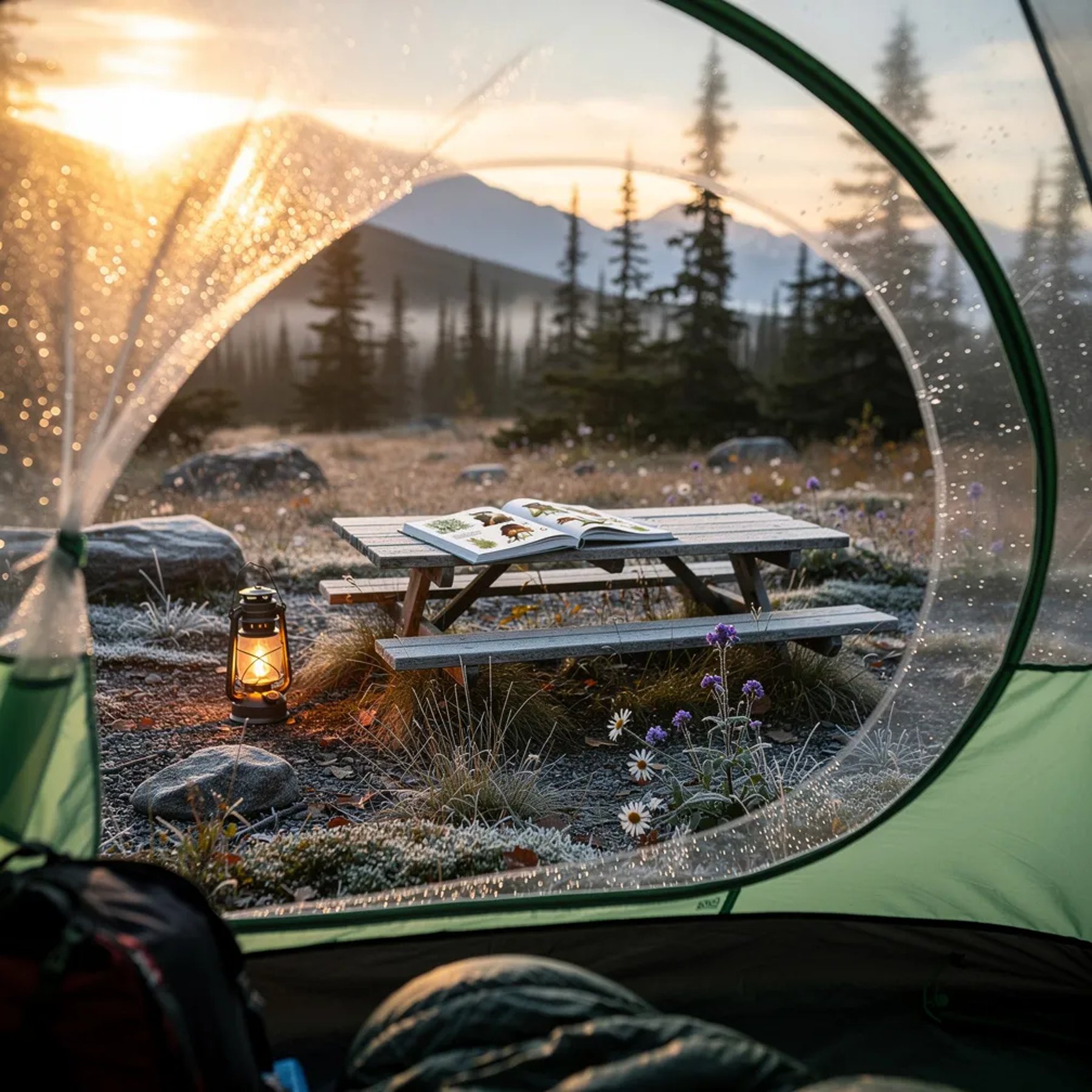 A clear bubble tent sits in a quiet Alaska clearing as the sun turns the sky gold. Frost sparkles on the grass and stones, and a few brave wildflowers still bloom nearby. Outside, a weathered picnic table holds an open field guide, while a warm lantern glows on the ground and lights the camp with cozy light.