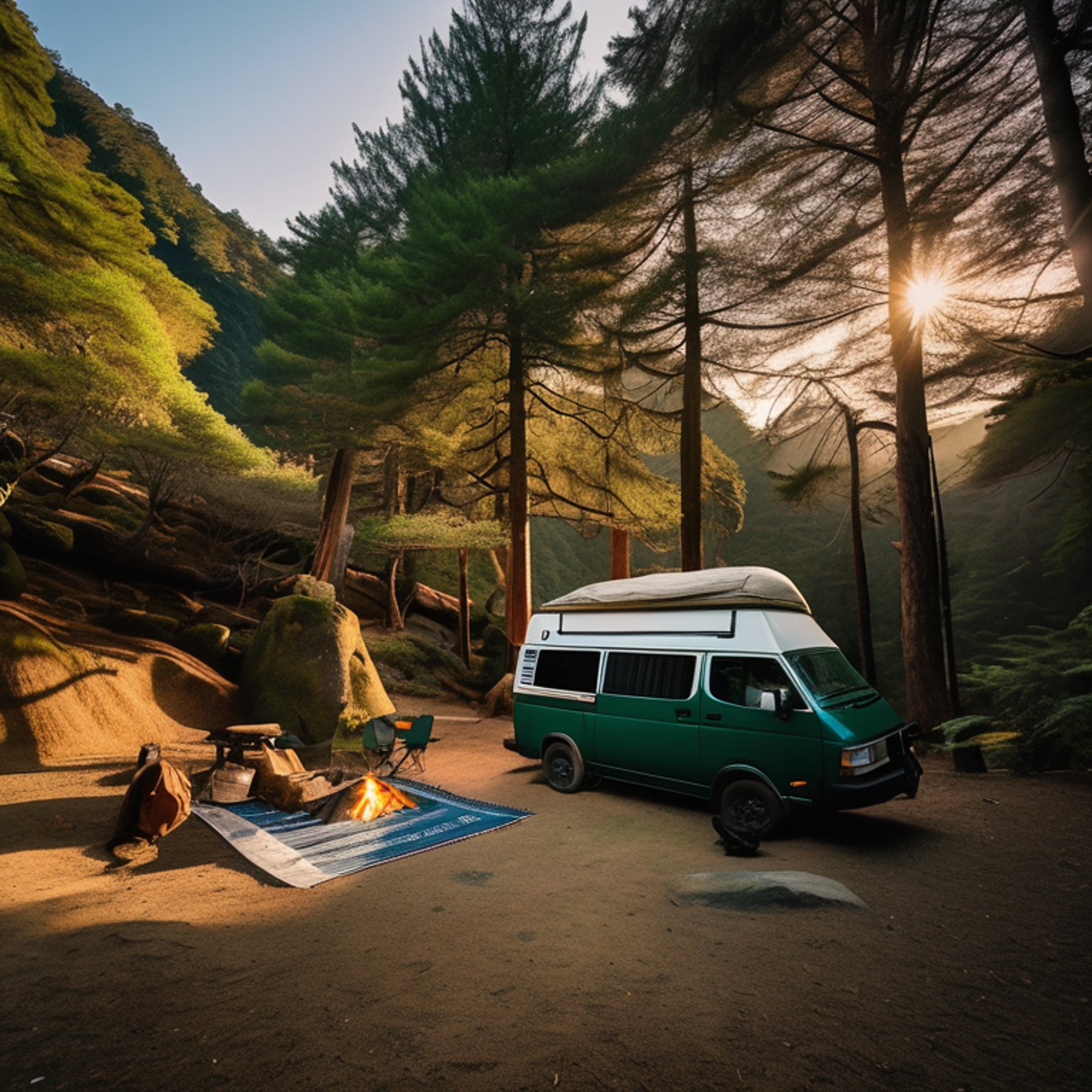 A green camper van rests on a paved campsite beneath moss-covered trees in Miyajima, Japan. A hammock hangs nearby, while a campfire warms the dirt clearing at sunrise. Hikers enjoy the sunny forest and peaceful morning air.