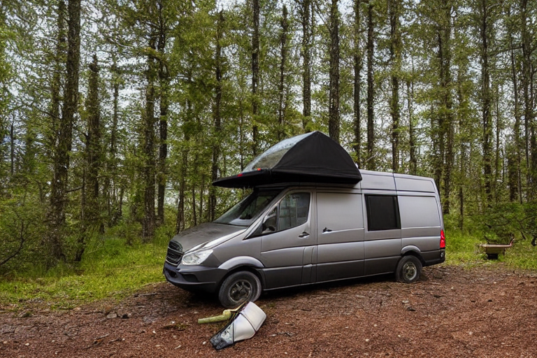 A cozy camper van rests at a paved lakeside campsite beneath small trees. A stone-ringed fire pit, wooden logs, and a glowing lantern sit near a dirt hiking path. Rainy skies give the peaceful scene a cool, quiet mood.