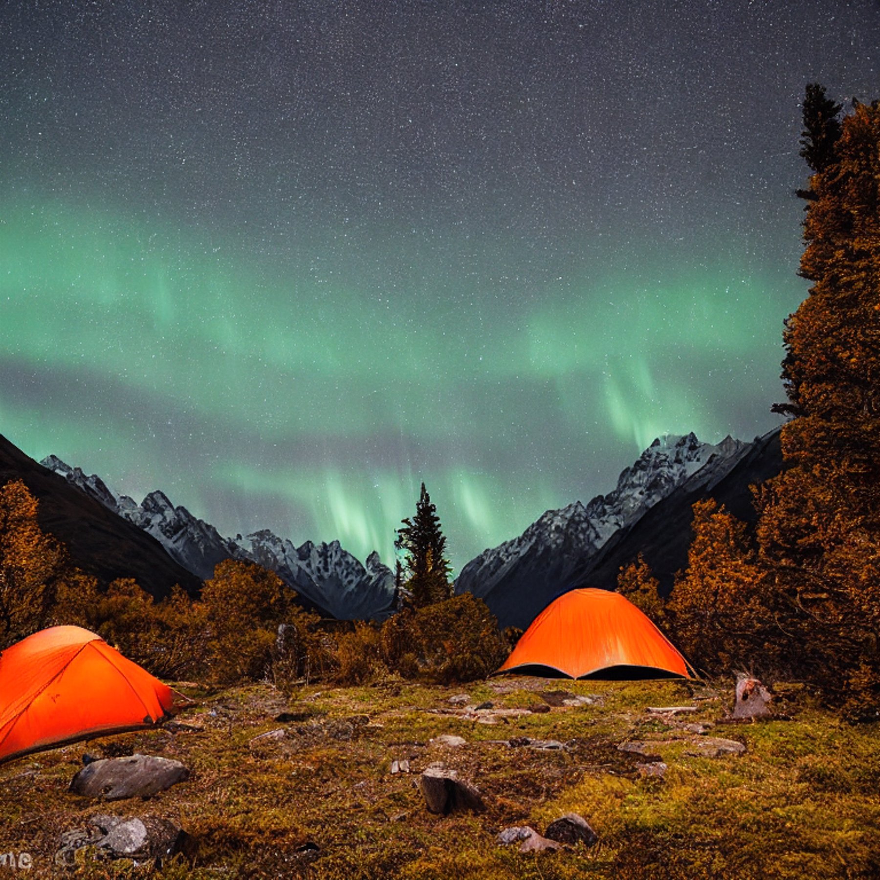 A gray and orange tent rests on a quiet dirt campsite beneath a glowing aurora. Fall-colored trees, mossy trunks, and large stone slabs surround the camp, while chairs sit ready for stargazing. Stormy clouds add a wild, peaceful feeling to the mountain night.