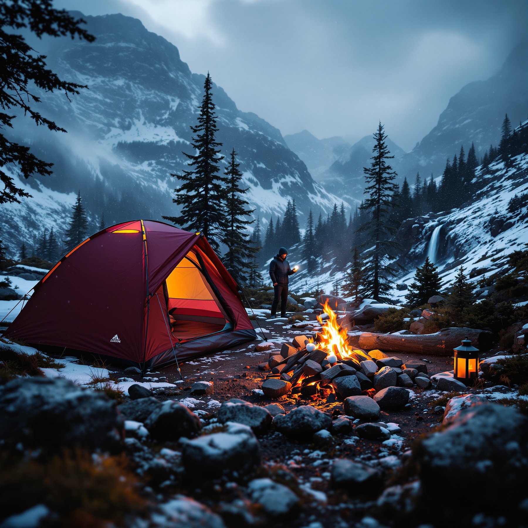 A cozy tent glows by a warm campfire in the snowy mountains. Tall pine trees surround the site, and a waterfall flows nearby. It’s peaceful and perfect for adventure!