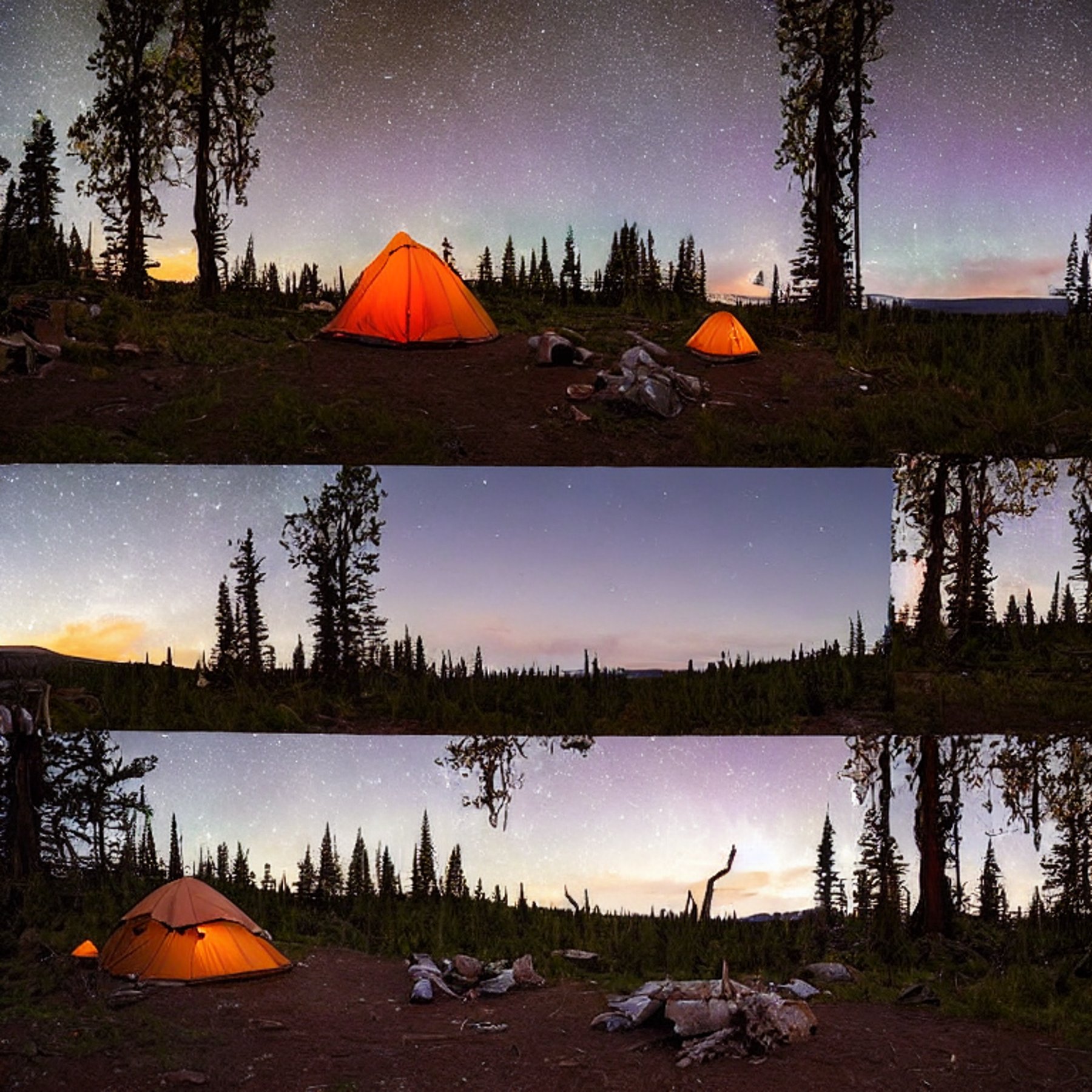 A cozy tent rests on a quiet dirt campsite beneath glowing northern lights. A warm campfire flickers among the stones, with a hammock hanging nearby between the trees. Ferns and a large log add a peaceful woodland feel to the starry night.