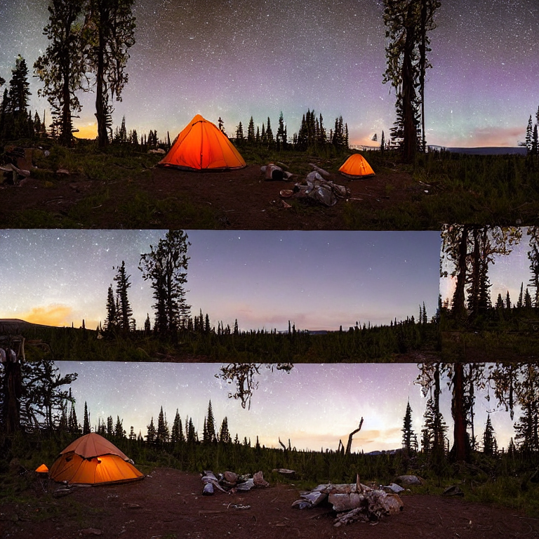 A cozy tent rests on a quiet dirt campsite beneath glowing northern lights. A warm campfire flickers among the stones, with a hammock hanging nearby between the trees. Ferns and a large log add a peaceful woodland feel to the starry night.
