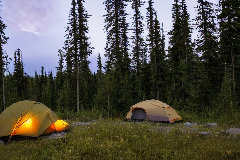 A green tent rests on a quiet dirt campsite in the Alaskan wilderness. Tall grass, stone patches, and camping chairs surround the clearing, while the moon shines over the dark forest.