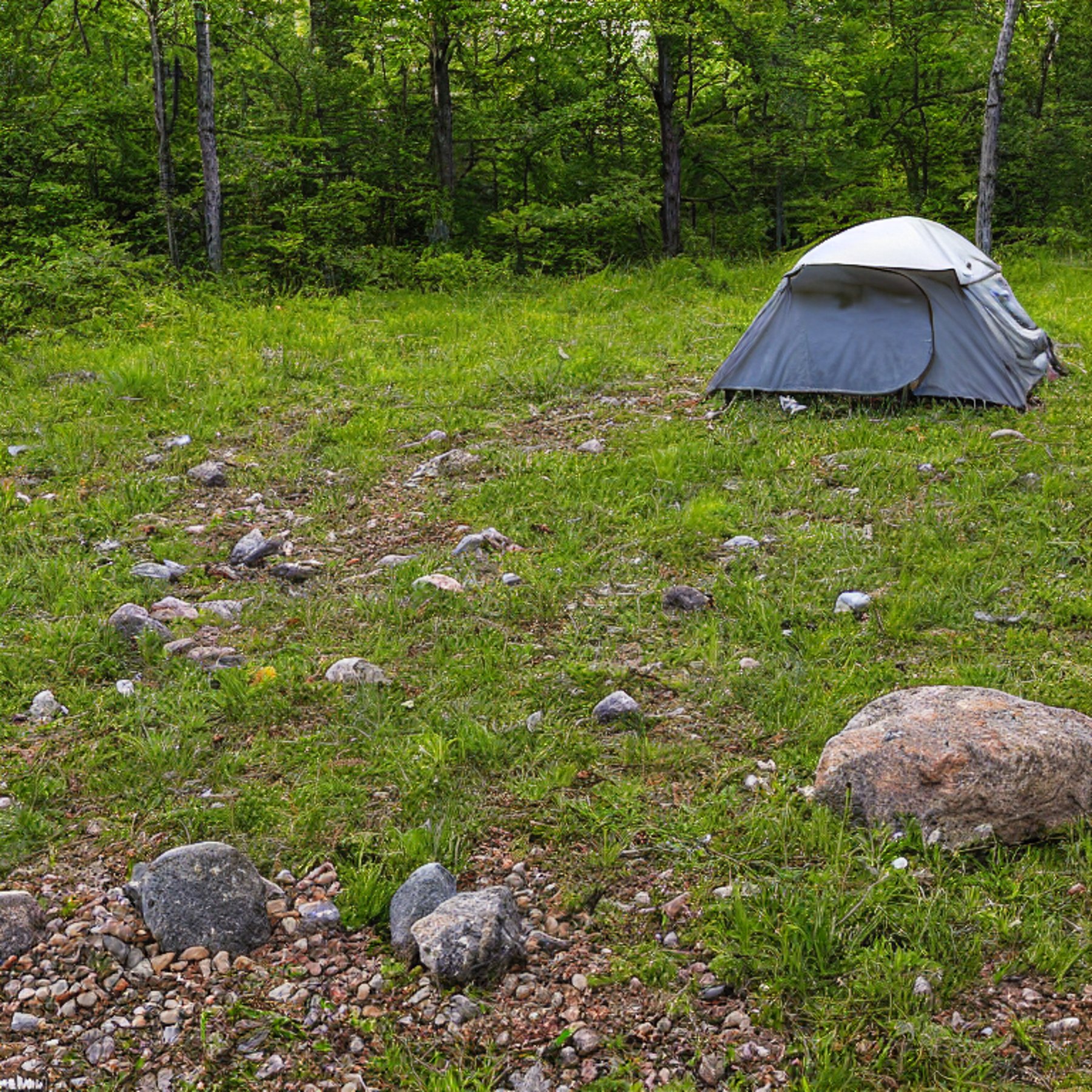 A cozy tent rests on a paved campsite in Upstate New York as the sun rises. Overgrown grass, berry bushes, scattered stones, and a large rock add a wild touch to the peaceful scene.