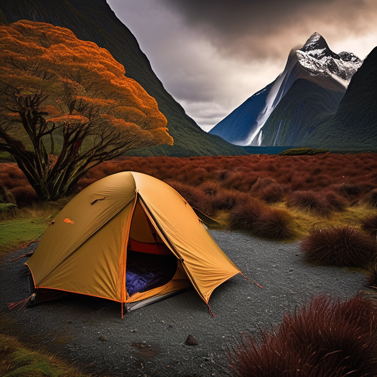A tan tent rests on a rocky campsite in Milford Sound as sunrise glows beneath stormy skies. Bushes and colorful fall trees surround the dirt clearing, with a backpack waiting nearby.