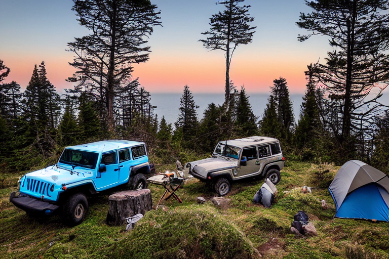 A gray and blue Jeep with a rooftop tent rests at a coastal campsite beneath mossy trees. As the sun sets, surfers move along the clear California shore while camping chairs and a stone-ringed fire invite you to relax.
