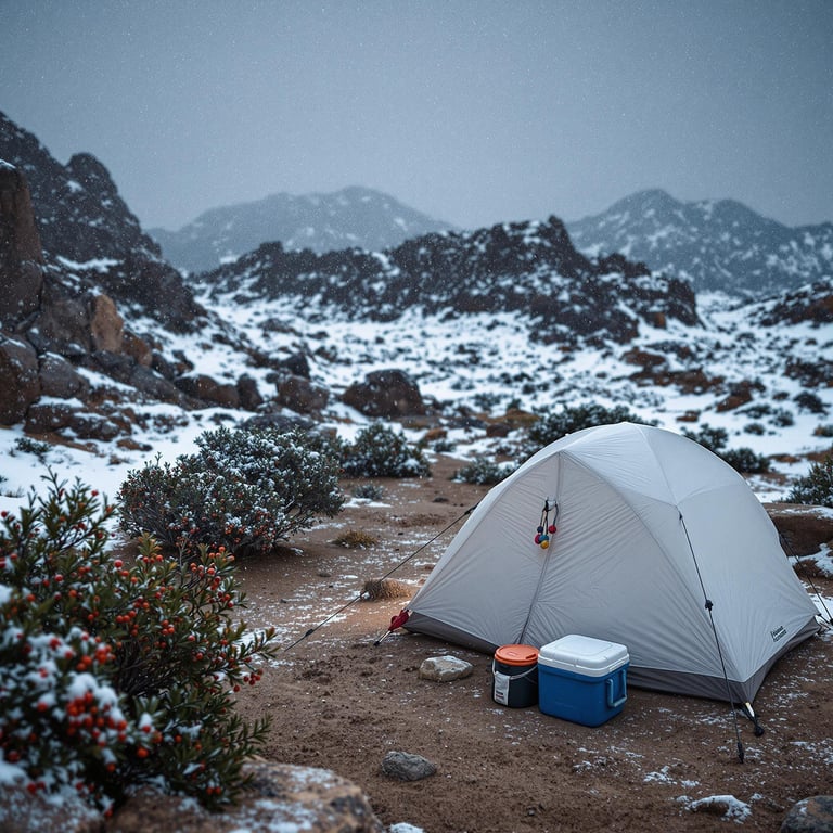 A white tent rests among snowy dunes beneath the quiet night sky. A cooler, berry-covered bush, and smooth boulders surround the cozy campsite.