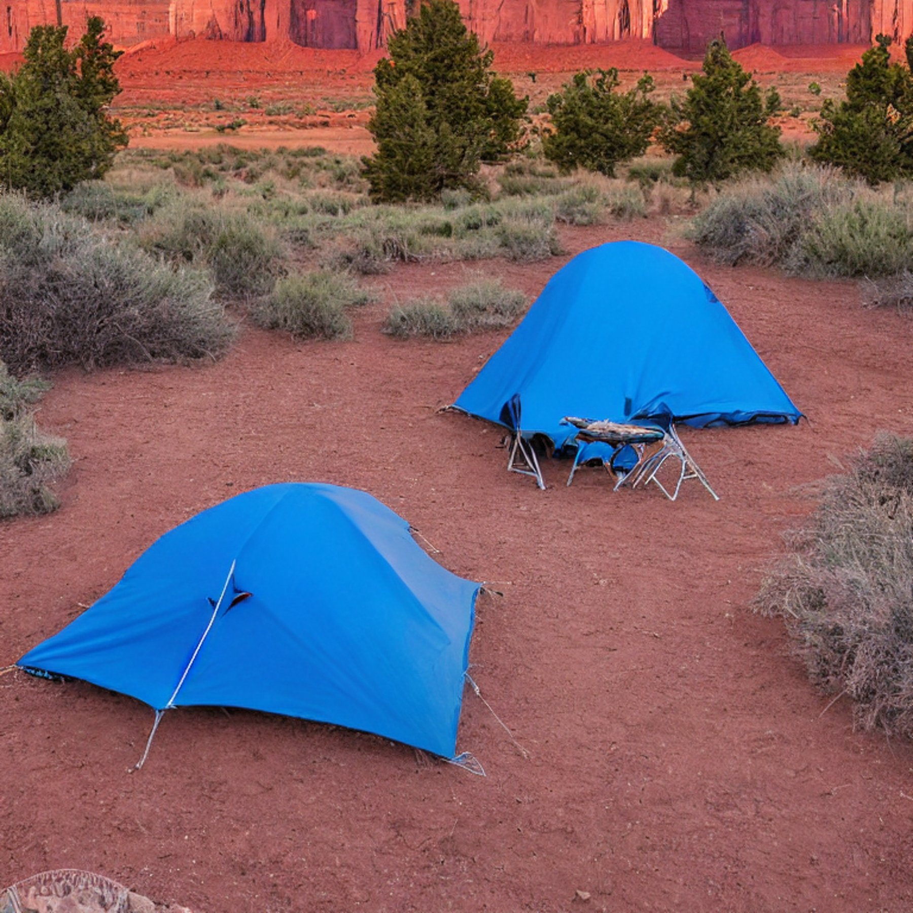 A blue and gray tent rests on a quiet dirt campsite beneath a clear sunrise sky. A warm campfire sits among logs, with a picnic table nearby and tall red mountains rising in the distance.