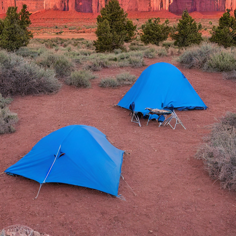 A blue and gray tent rests on a quiet dirt campsite beneath a clear sunrise sky. A warm campfire sits among logs, with a picnic table nearby and tall red mountains rising in the distance.