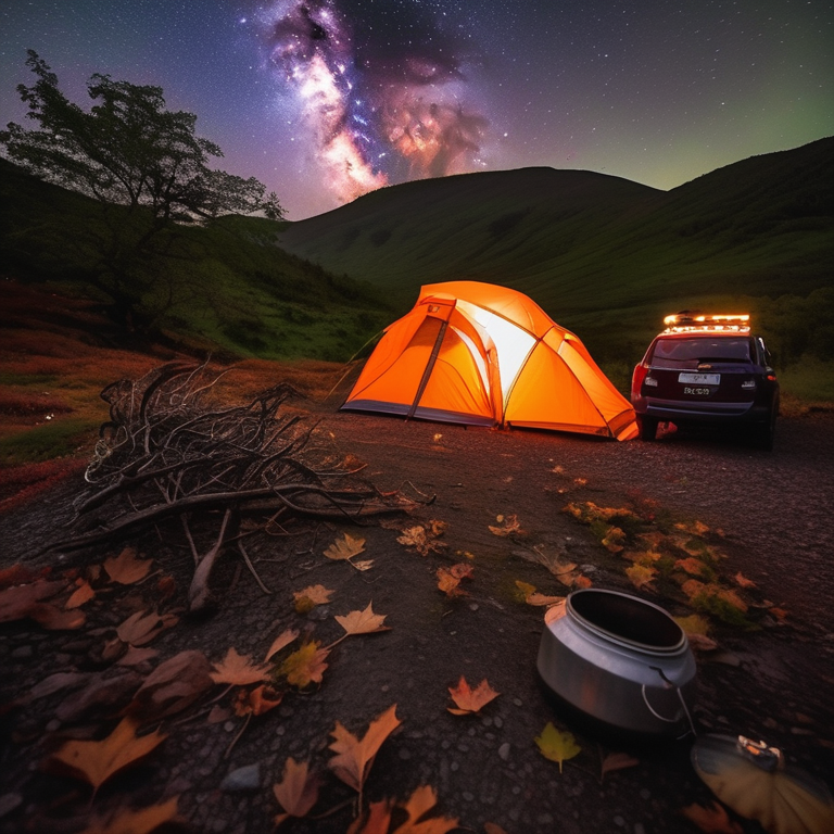 A cozy orange Subaru sits at a quiet campsite beneath glowing green auroras. Rainy trails, fallen leaves, berry bushes, and a warm lantern surround the open rooftop tent. A pale moon shines over the distant mountain valley.