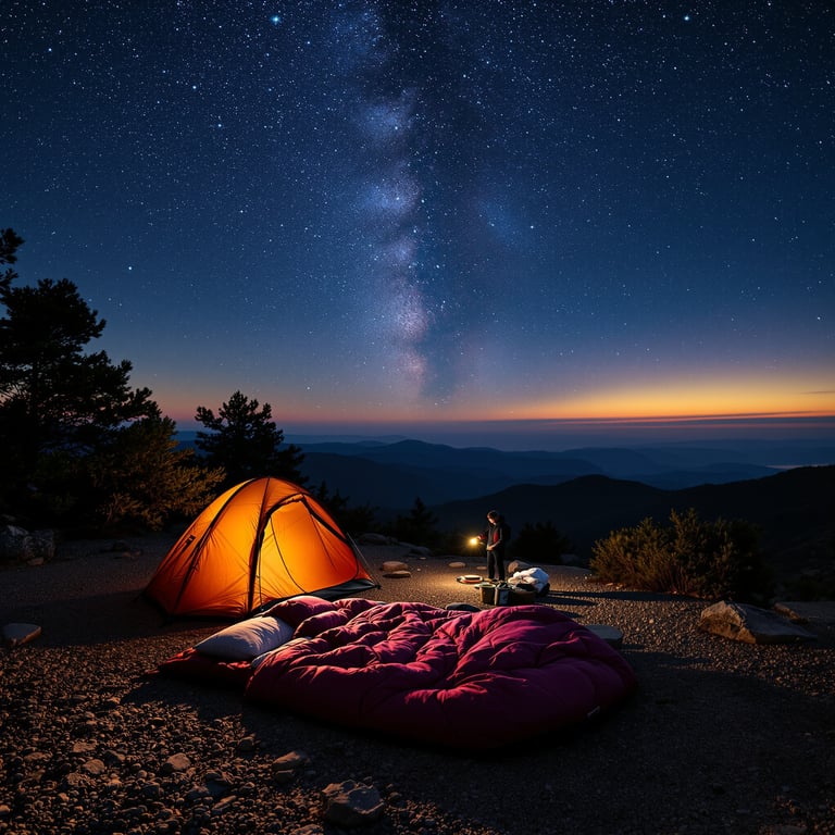 A glowing orange tent sits on a mountaintop under a sky full of stars and the Milky Way. Cozy sleeping bags are ready by the campfire, and the air feels peaceful and quiet. The sun is setting, painting the sky with beautiful colors.