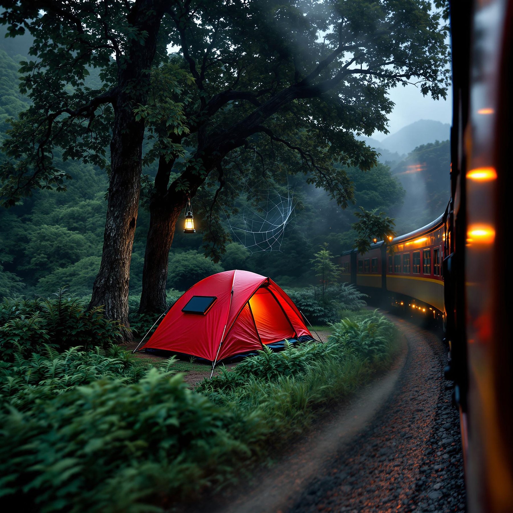 A bright red tent rests in a lush, fern-covered valley beneath a cloudy night sky. A warm solar lantern hangs from a tree, while a delicate spider web stretches between the branches. The campsite feels quiet and hidden among the thick bushes, seen from a passing train.