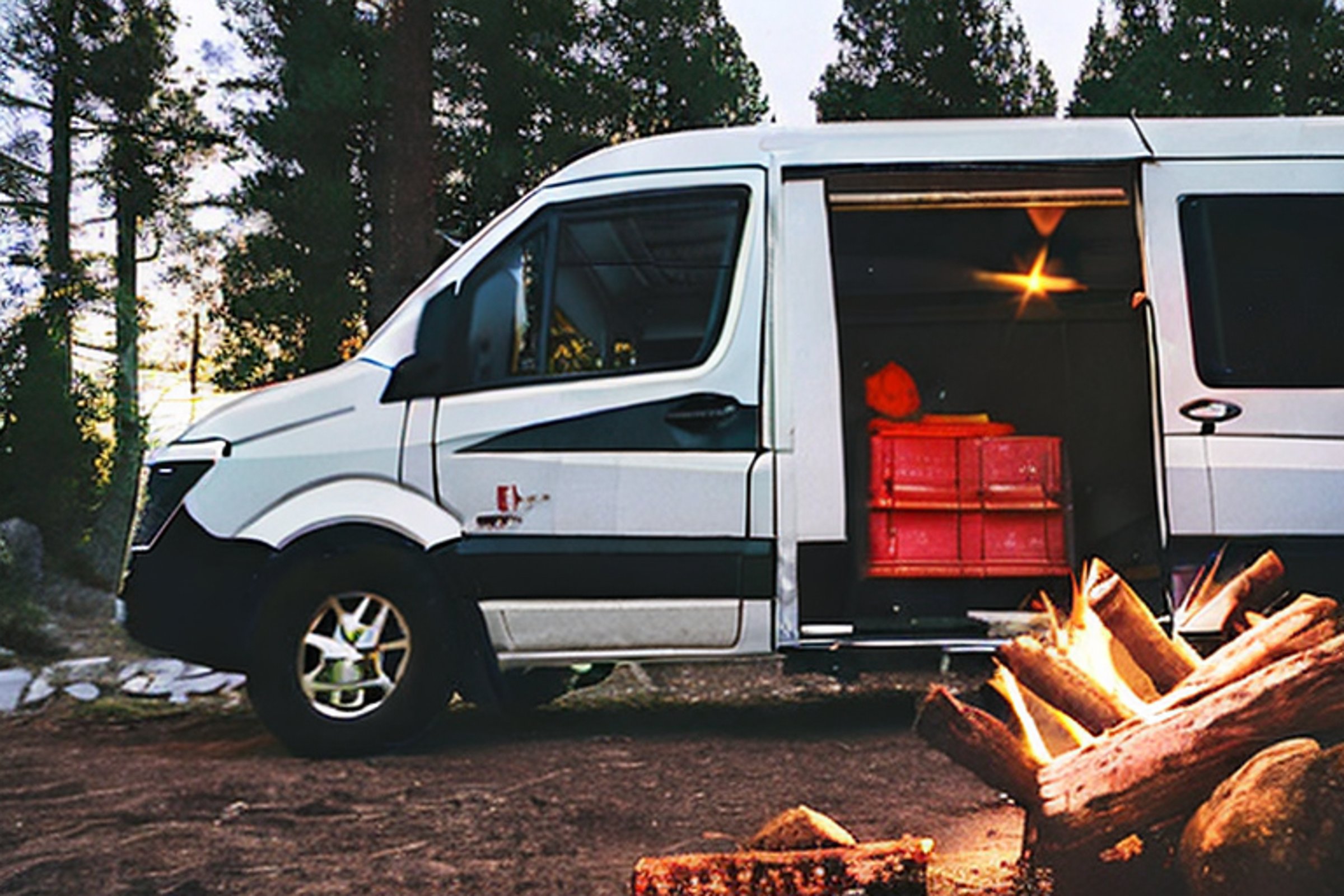 A red and white camper van rests on an open Idaho plain beneath a sky full of stars. Nearby, a warm campfire glows in a ring of stones, while a distant flashlight adds a small spark of adventure.