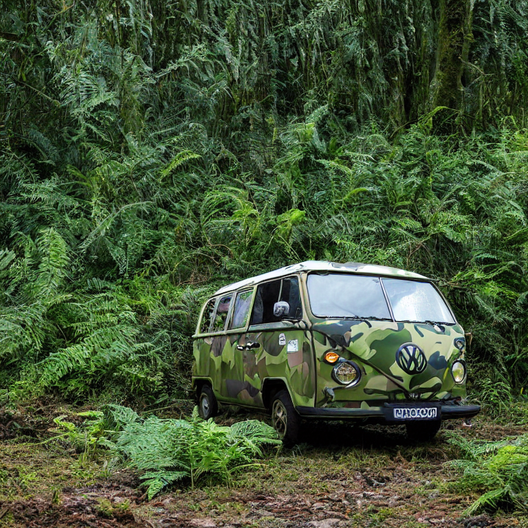A green camo campervan rests on a dirt campsite beside a winding stream. Ferns cover the ground, while soft fog gives the riverside a quiet, wild feeling.