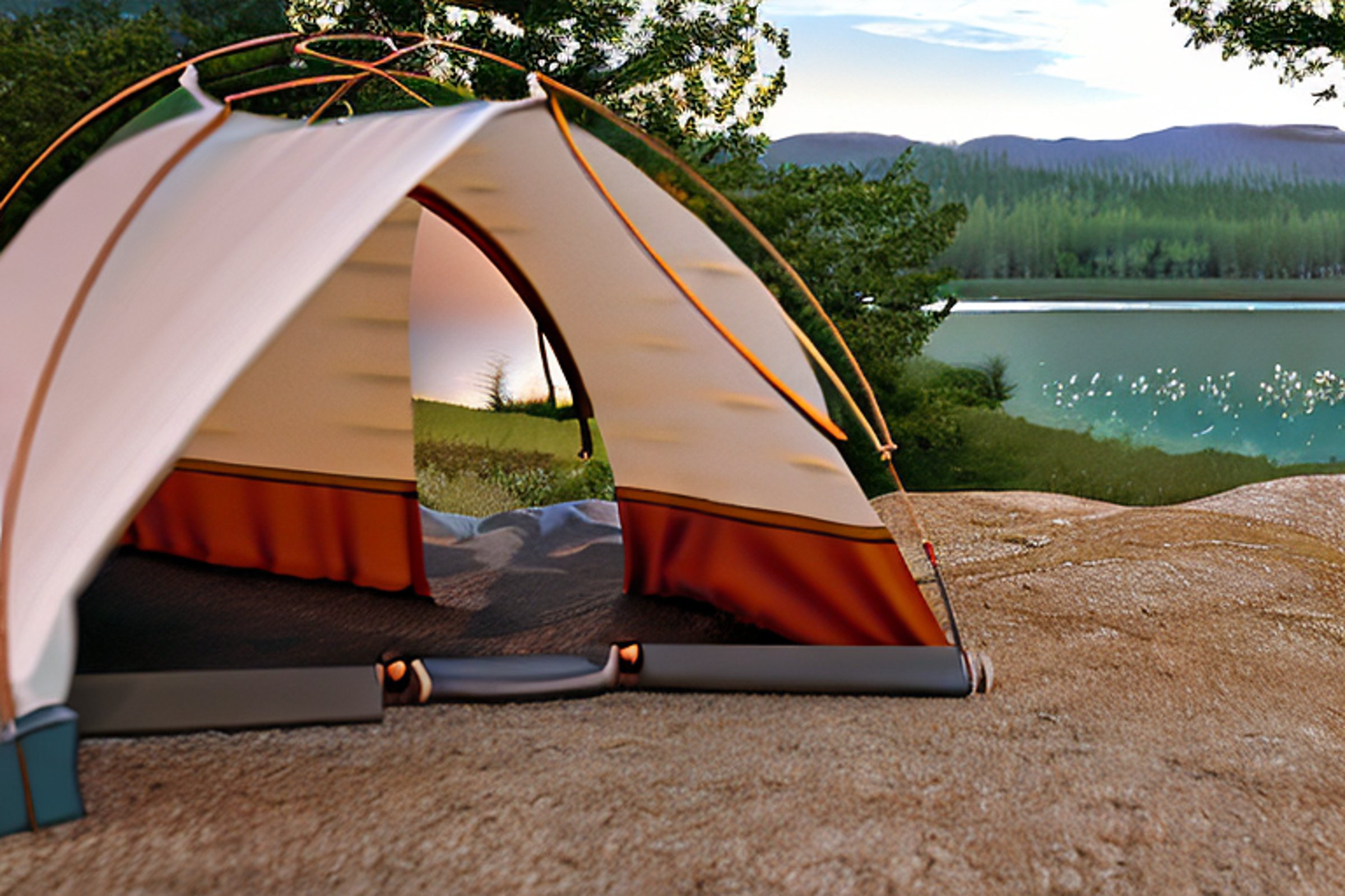 A cozy brown tent rests beside a quiet lake on a rainy golden evening. Camping chairs, drying clothes, and a warm campfire sit on the dirt clearing, while a winding path leads through the peaceful scene.