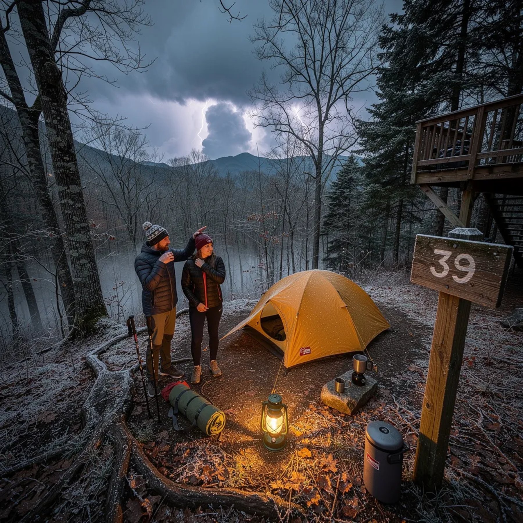 A mustard-yellow tent sits in a frosty forest clearing, with wet leaves shining on the ground. A warm lantern glow makes the campsite feel cozy under the dark, cloudy sky. A wooden post marked “39” stands nearby, and far-off lightning softly lights the treetops.