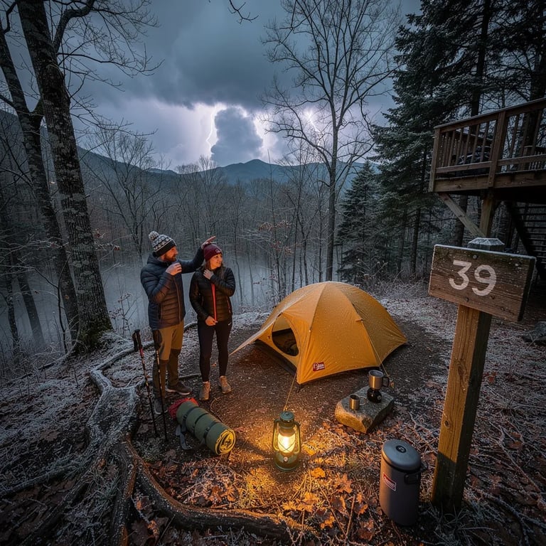 A mustard-yellow tent sits in a frosty forest clearing, with wet leaves shining on the ground. A warm lantern glow makes the campsite feel cozy under the dark, cloudy sky. A wooden post marked “39” stands nearby, and far-off lightning softly lights the treetops.