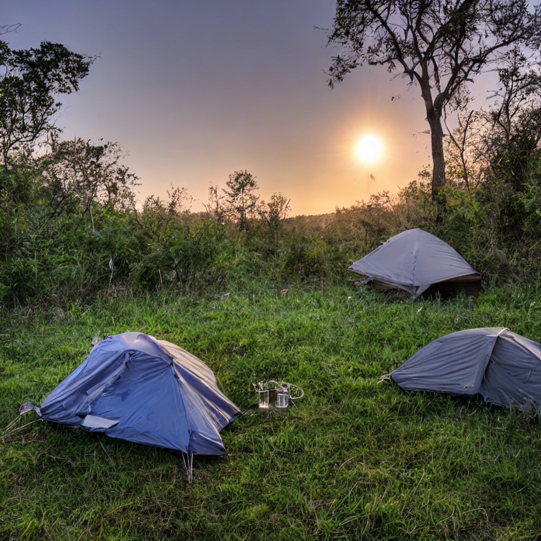 A cozy tent rests beside a quiet creek, surrounded by tall grass and leafy bushes. A campfire glows on the dirt as the sun sets through the fog. Clothes sway gently on a nearby line.