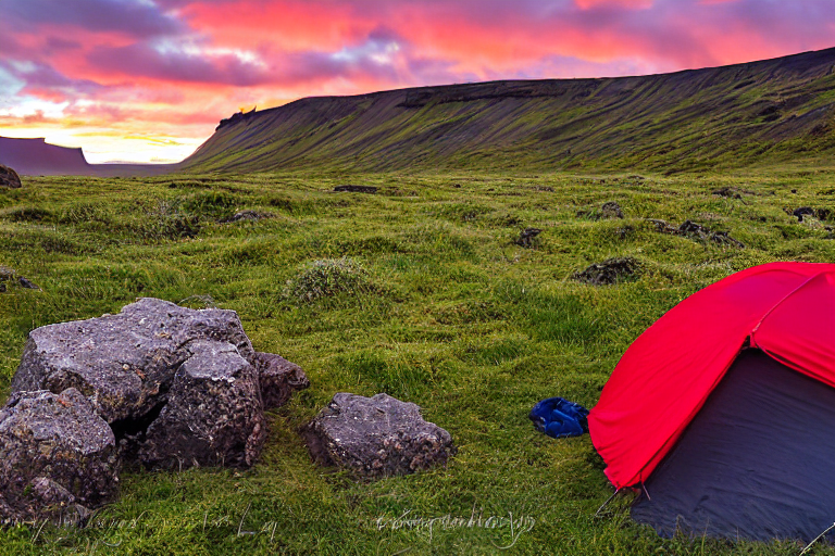 A red tent rests on a dirt patch in the wild Icelandic landscape. Ferns, a large rock, and a clothesline with drying clothes surround the campfire. The clear sunrise sky gives the campsite a warm, peaceful glow.