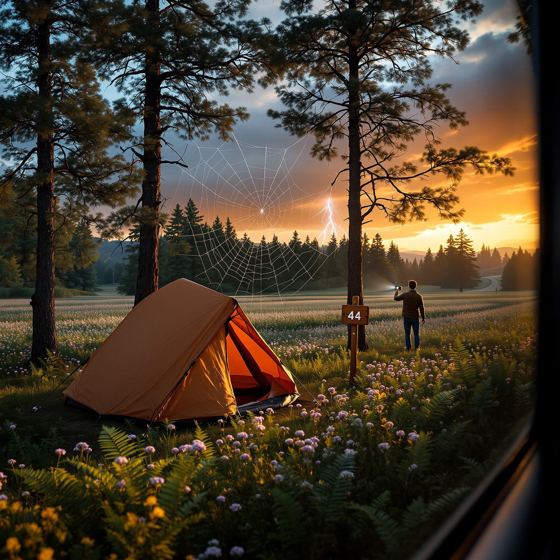 A cozy orange tent sits in a field of wildflowers beneath tall pine trees. The air feels fresh as the sun sets, painting the sky orange and purple. A giant spider web glistens between two trees while lightning flashes in the distance.