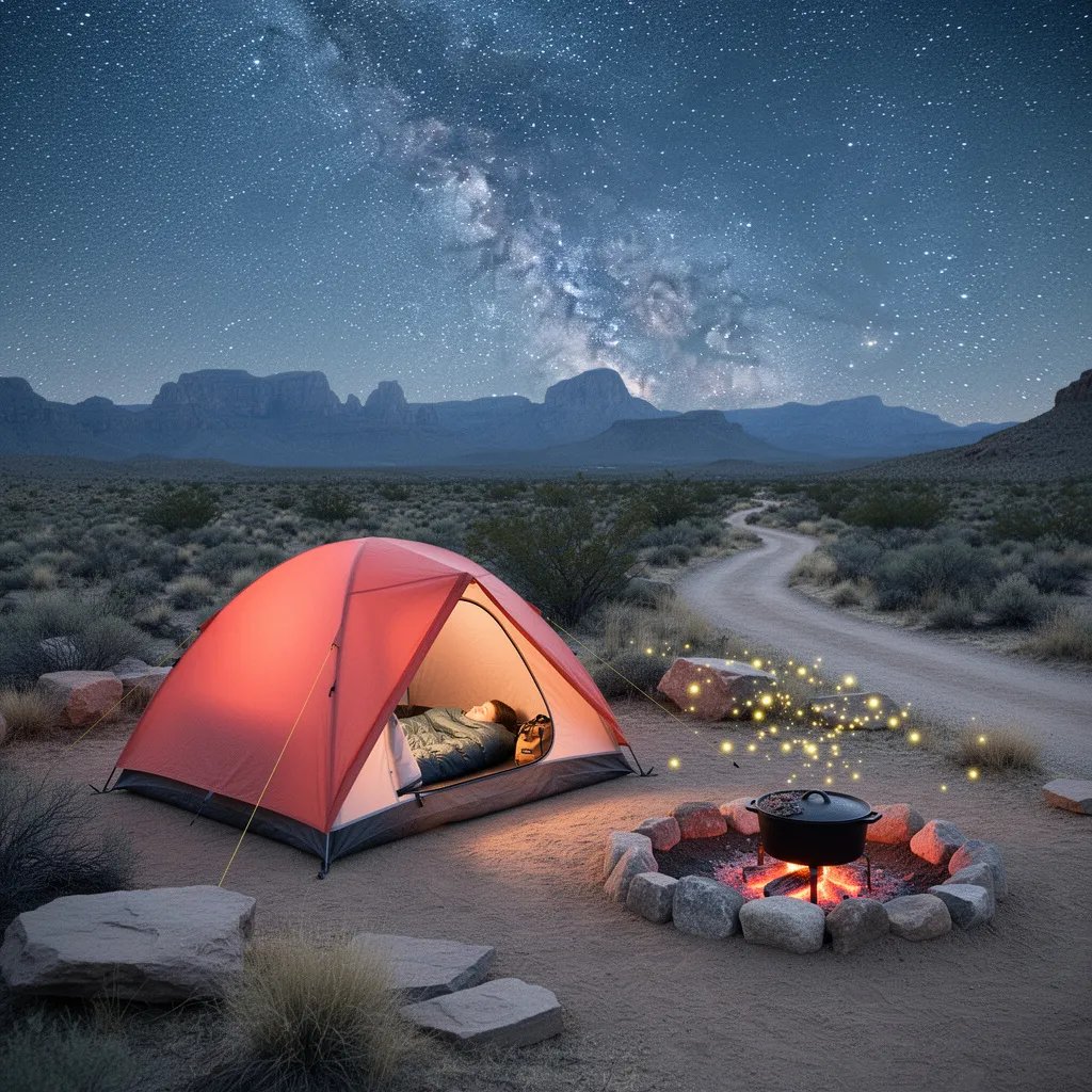 A bright coral tent rests on a quiet desert campsite under a huge, starry sky. The Milky Way glows above while tiny fireflies sparkle softly around the rocks and shrubs. A dutch oven sits in a simple fire ring, its coals glowing like little red stars in the dirt.