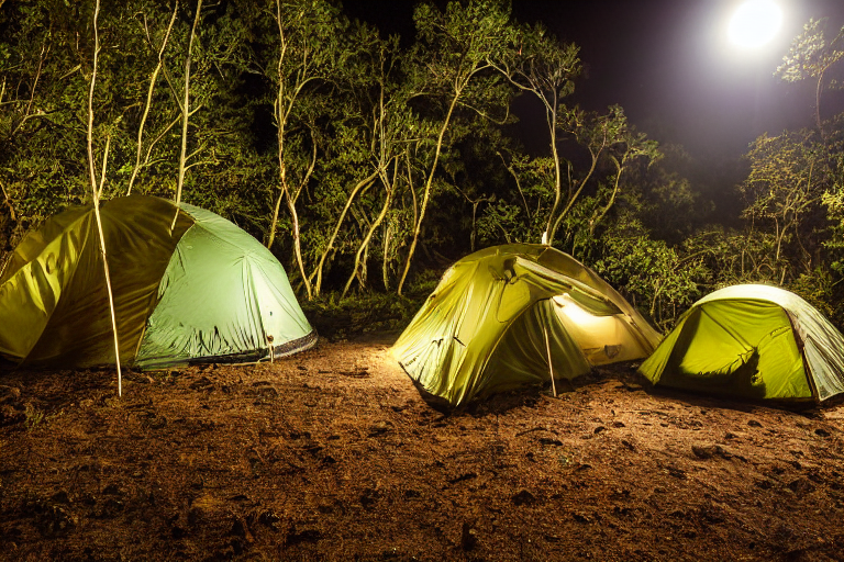 A green and tan tent rests on a dirt clearing beneath Hawaii’s starry night sky. Boulders, rainy air, and a warm lantern create a quiet, adventurous campsite. A distant camper’s flashlight glows nearby.
